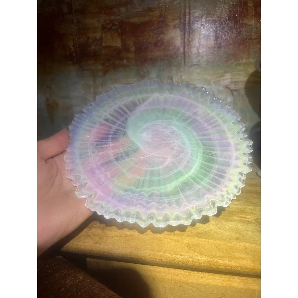 Iridescent Opalescent Art Glass Ruffled Pedestal Cake Stand Swirl 8.5